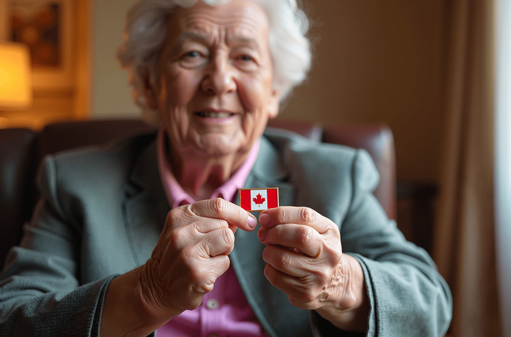Senior woman holding a Canadian flag pin