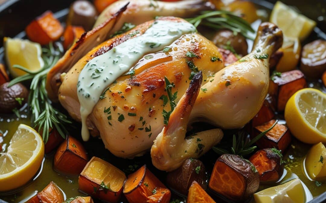 Lemon Herb Chicken with Roasted Root Vegetables & Garlic Yogurt Drizzle