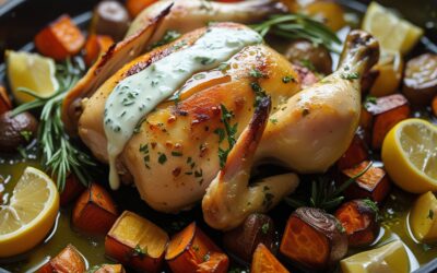 Lemon Herb Chicken with Roasted Root Vegetables & Garlic Yogurt Drizzle
