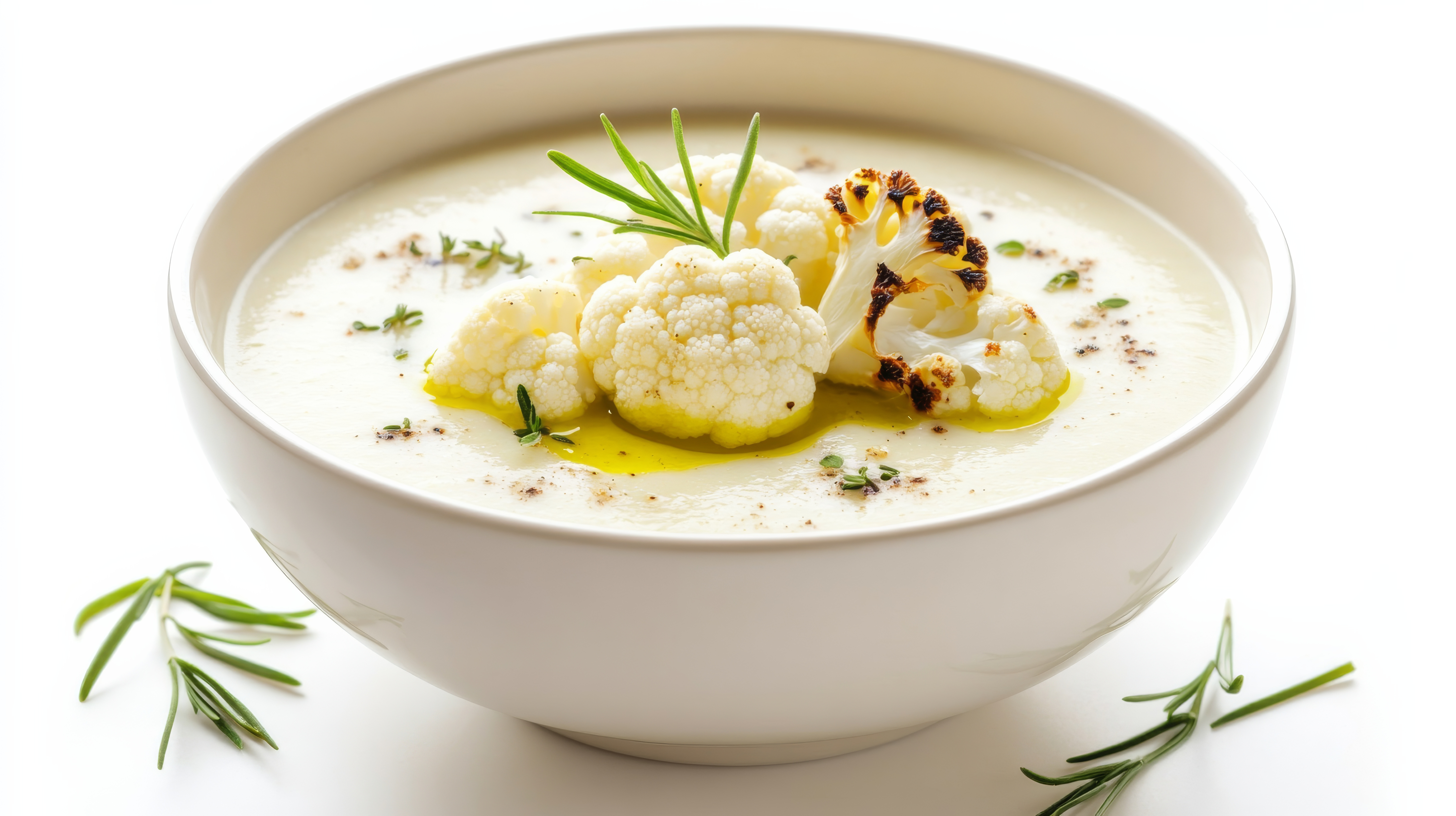 A bowl of creamy cauliflower soup garnished with roasted cauliflower florets and a drizzle of olive oil, Its rich aroma and velvety texture enticingly displayed
