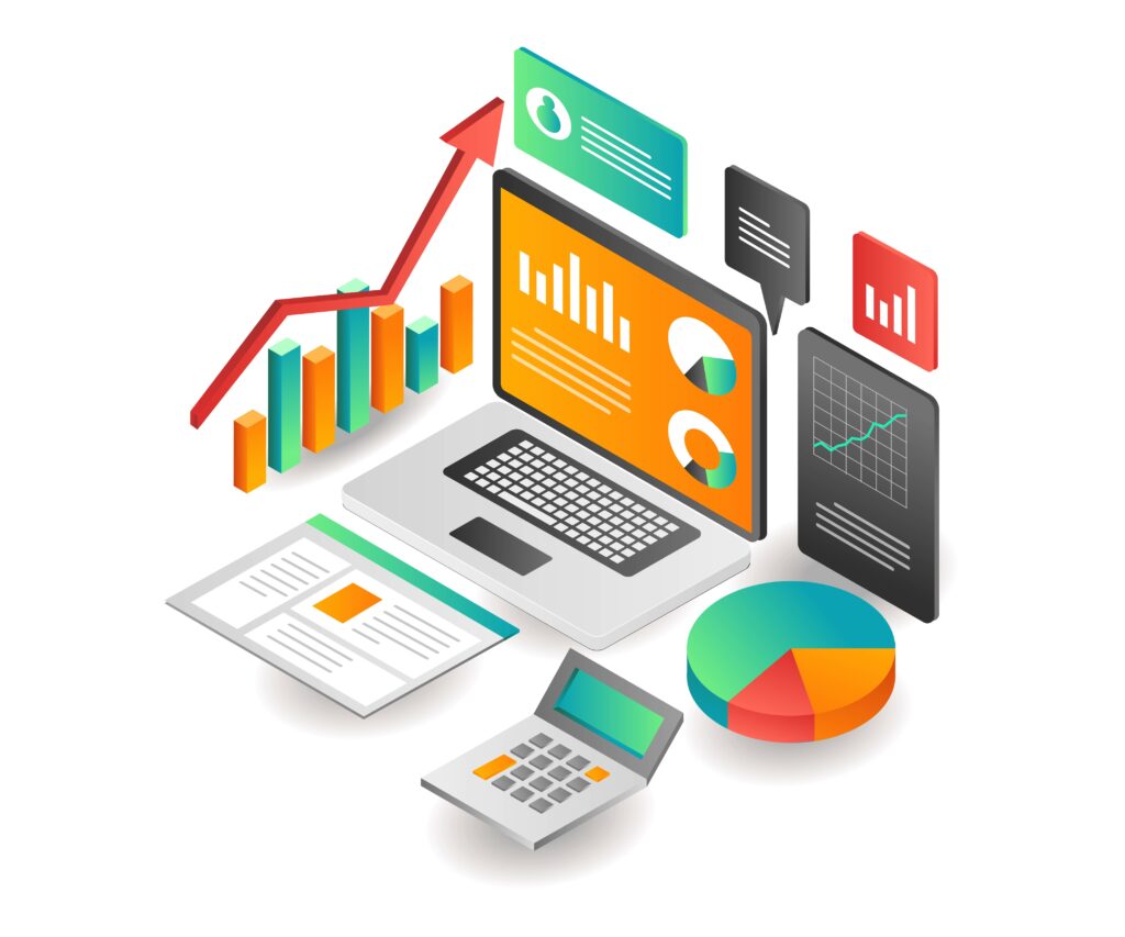 Illustration isometric concept. data analysis of investment business company healthcare SWOT analysis